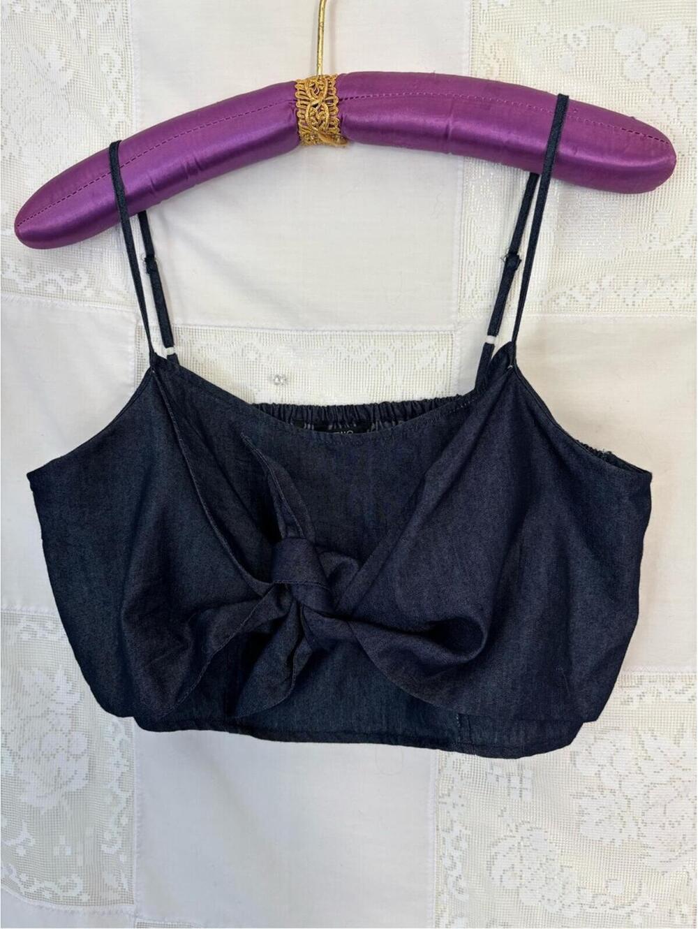 Denim Tie Front Nautical Coastal Cowgirl Smock Back Crop Top Size XL